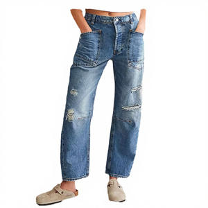 Wholesale OEM Services Streetwear Summer Fashion Blue Vintage Ripped <b>Baggy</b> <b>Jeans</b> Denim Pants with Front Pockets Mid Waist <b>Women</b> - Product Image 4