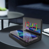 Horloge de bureau intelligente polyvalente avec design numérique analogique simple, charge sans fil 10W, miroir LED coloré et alarme, personnalisation d'usine