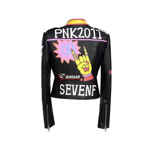 Transpirable moda Casual Estilo negro Graffiti-Estampado cremallera Varsity chaqueta motocicleta cuero tachonado-remache chaqueta de mezclilla - Product Image 5