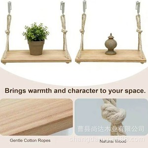 Wooden no-drill <b>floating</b> <b>shelf</b> for bedroom and living room, solid wood hemp rope, straight <b>shelf</b>, <b>wall</b> hanging rack - Product Image 4
