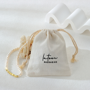 Emballage cadeau personnalisé écologique avec logo imprimé, pochette en tissu de lin pour savon et bougie, sac à poussière en coton blanc beige avec cordon de serrage - Product Image 2