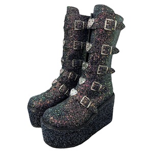 Stivali da Donna in Pelle <span class=keywords><strong>con</strong></span> <span class=keywords><strong>Zeppa</strong></span> e Fibbia <span class=keywords><strong>a</strong></span> Cintura, Nuova Collezione Autunno Inverno 2021, <span class=keywords><strong>con</strong></span> Amore in Metallo, Paillettes e Taglie Forti - Product Image 6