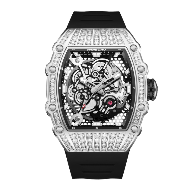 HANBORO Mechanic Series Luxury Men's Watches Square Case Shape Imported Movement Trendy Complex Diamond Craft Glass Silicone