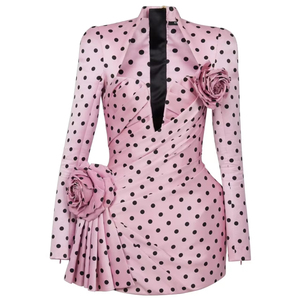LS2596 <span class=keywords><strong>Robe</strong></span> de soirée à col en V profond pour <span class=keywords><strong>femme</strong></span> <span class=keywords><strong>Robe</strong></span> élégante à <span class=keywords><strong>pois</strong></span> <span class=keywords><strong>Robe</strong></span> décontractée froncée avec décorations florales 3D - Product Image 1