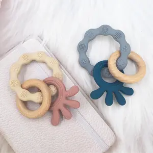 High Quality Food Grade Newborn Rattles Silicone Wrist Teether Wood Ring Toy Baby Teether