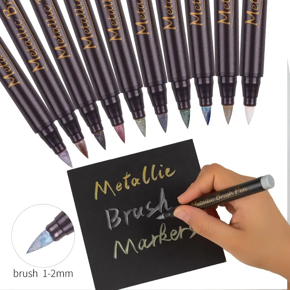 2019 Amazon Hot Selling STA Brand Metallic Marker Brush Pens With 6Pcs Black Paper Card 1-2ミリメートルFlexible Brush Tips