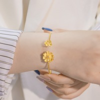Bracelet en argent sterling 925 plaqué or, style Instagram, luxe léger, motif fleur simple, fait main, brossé, inspiré du Japon et de la Corée