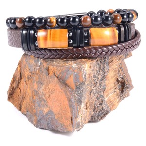 Tiger's Eye Obsidian Agate Bead <b>Bracelet</b> Black Brown <b>Leather</b> Woven Magnetic Buckle Unisex Fashion Jewelry 7.5 8.5 9 Inches - Product Image 1
