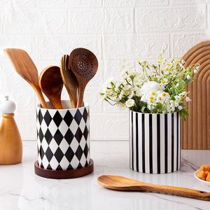 Portautensilios Redondo de Cerámica Chaozhou con Drenaje, Rayas a Cuadros, Secado Rápido, Almacenamiento Multiusos para Cocina - Product Image 5