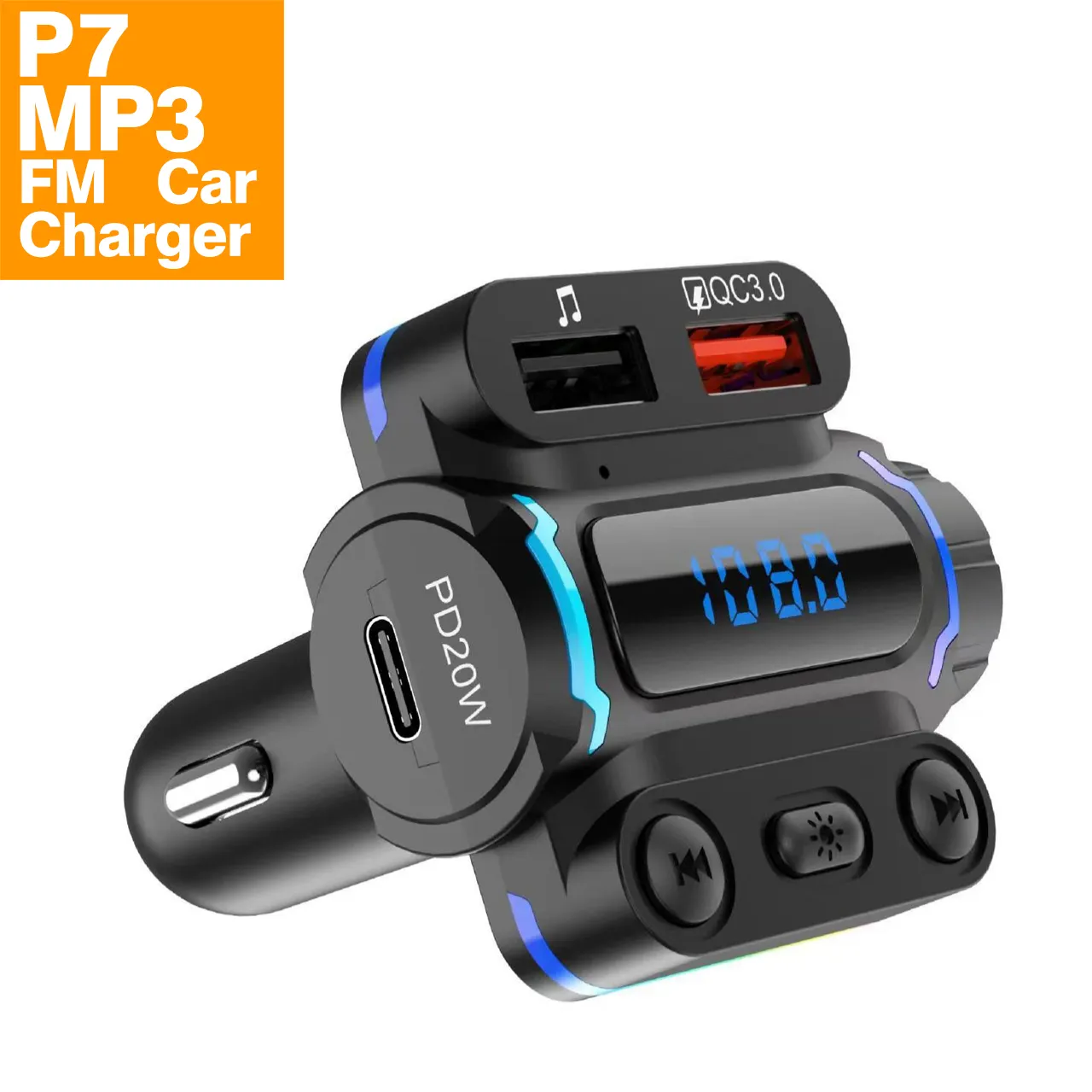 P7 QC3.0 pengisi daya Cepat LED, 7 warna adaptor Radio pemutar musik PD 20W gigi biru bebas genggam perlengkapan mobil pemutar MP3 mobil pemancar FM
