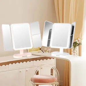 Top Seller 2024 Vanity Led Lighted Travel Makeup Mirror Desktop Trifold Magnified Make Up Mirror With Lights