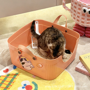 Cartoon Printed Cat Litter <b>Box</b>, <b>Extra</b> <b>Large</b>, Semi-Enclosed/Open Style, Kitten Litter <b>Box</b>, Cat Poop Bowl, Splash-Proof - Product Image 3