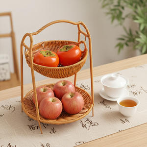 Panier à fruits tissé en rotin imitation, rond, multi-niveaux, avec poignée, panier de rangement marron pour collations et pain - Product Image 5