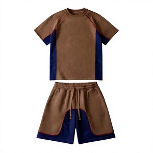 Ensemble T-shirt et short pour homme, col rond, coupe ample, 2 pièces, imprimé numérique uni, tricoté, écologique, avec logo personnalisé, grammage lourd 400 GSM - Product Image 1