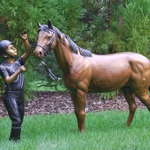 Estátua de jardim de bronze para meninas e cavalo, escultura metálica para pôs metálicos