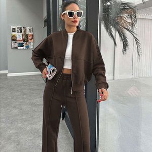 Completo Sportivo da Donna Autunno Inverno 2025 Nuova Moda Casual Tinta Unita in Pile Caldo con Giacca con Cerniera + Pantaloni Dritti - Product Image 4