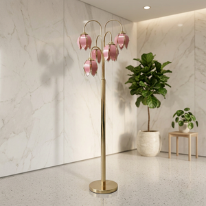 Lampadaire moderne et romantique à fleurs, 5 abat-jour en verre en forme de lotus rose, bras courbés dorés, éclairage d'ambiance pour chambre à coucher et coin lecture - Product Image 4