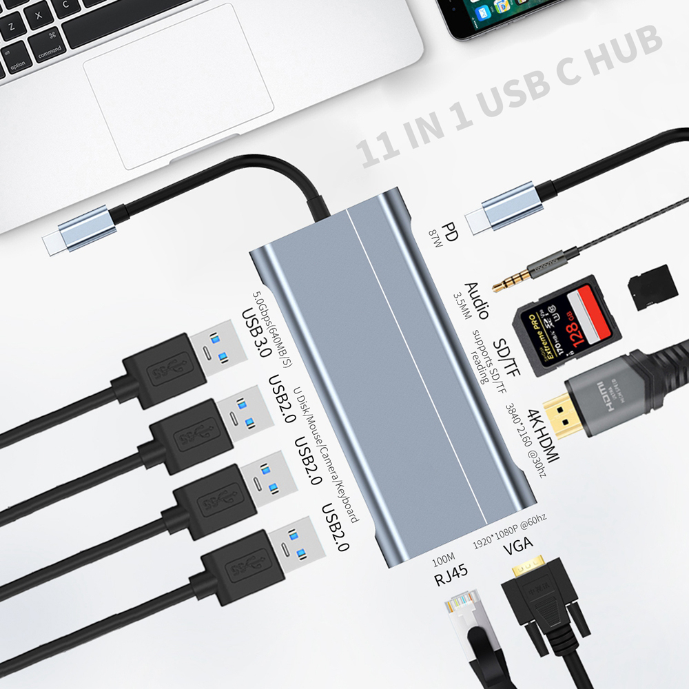 11 в 1 USB-C док-станция для ноутбука с разъемом USB Type-C концентратор многопортовый адаптер ключ с HD MI + USB3.0 * 4 + RJ45 + VGA + PD + аудио + SD + TF