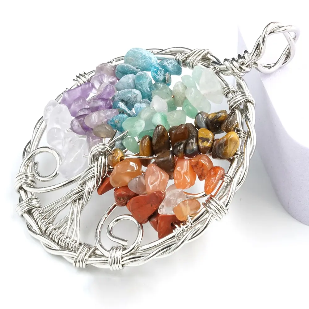 Bohemian Jewelry Tree Of Life Charm, Winding 7 Color Chakra Pendant