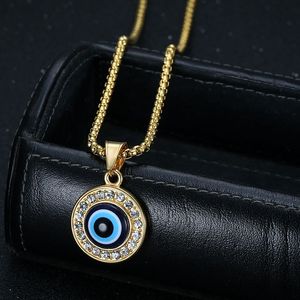 Collier pendentif œil porte-bonheur en acier inoxydable, breloque ronde sertie, bijou cadeau - Product Image 2