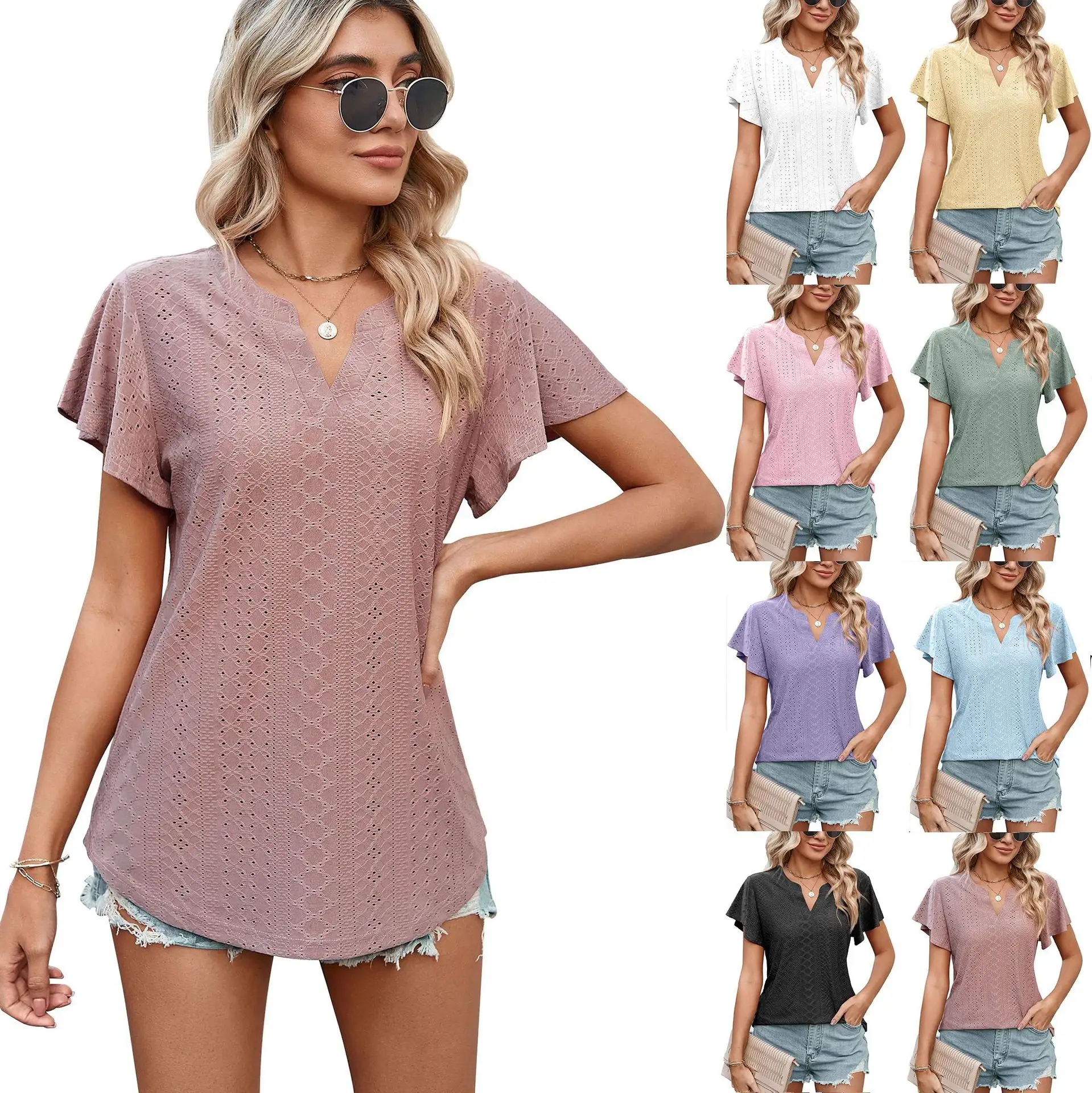 Blusa de encaje de manga corta para mujer, blusa informal con cuello en V de Color sólido, Top cómodo para primavera y verano