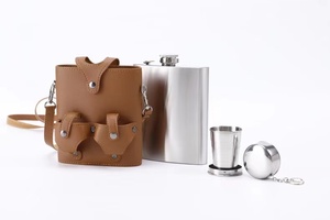 Petaca portátil de acero inoxidable RTS 18 oz 18/8, con Funda de cuero marrón y 2 tazas plegables, juego de termo de <span class=keywords><strong>Triple</strong></span> cuero de 18 oz - Product Image 6
