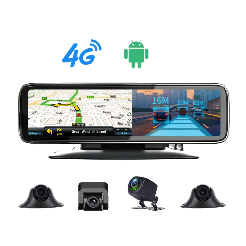 4g android 8. 2 + 32g 4 cams enregistrement avec wifi gps adas caméra de voiture miroir prise en charge 4g diffusion en direct et ajustement 9-36V puissance