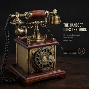 Vintage <b>Antique</b> Rotary Corded Telephone Bronze Brass Wood <b>Desktop</b> Phone with Black Cord - Product Image 5