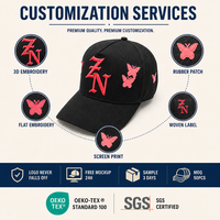 Casquette de baseball noire personnalisée 5 panneaux avec broderie 3D en relief papillon, visière incurvée, réglable, style streetwear, vente en gros, OEM, faible MOQ