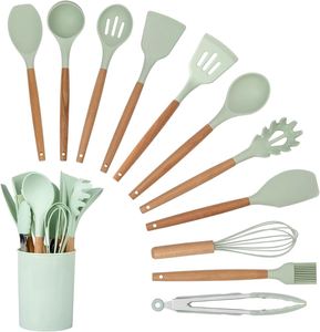 Nordic Style Silicone Kitchenware Utensils 12-Piece Set with Wooden Handle and Printing Logo-Dishwasher Safe - Product Image 1