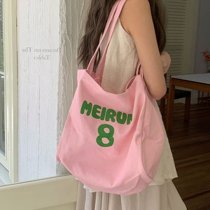Meirun Canvas Tote Bag Pink Lettering Large Capacity Everyday Shoulder Bag - Product Image 2