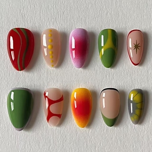 <span class=keywords><strong>Uñas</strong></span> Postizas Cortas Almendradas Hechas a Mano, 10 Piezas, Diseño Retro Vanguardista, Coloridas, Abstractas, Graffiti, Reutilizables, de Gel - Product Image 2