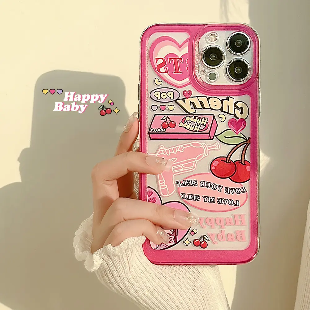 Sweet Cool Pink Cherry Water Gun girl cartoon case for iphone 14 13 12 mini 11 Pro Max XR X XS 7 8 Plus cute cheap cover