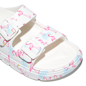 Sandales plates élégantes et légères pour femmes, à enfiler, avec double bride réglable, respirantes, imprimé flamant rose, bout ouvert - Product Image 2