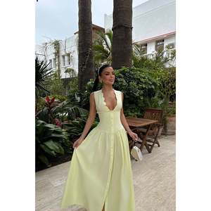 Robe unie avec détail boutons jaunes, fermeture éclair décorative, taille XS-XL, en Spandex, longueur ras du sol, col carré, pour soirée, avec doublure, sur commande - Product Image 4