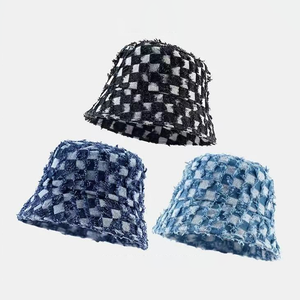 Customized Checkered Denim Bucket <b>Hat</b> With Embroidery Logo Unisex Fashion Spring <b>Summer</b> Casual Wear - Product Image 2