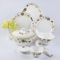 Service de table en porcelaine de qualité supérieure, collection à motif de feuilles, vaisselle en porcelaine fine avec bord doré