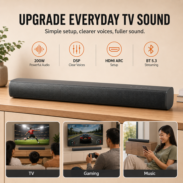 200W TV Speaker Soundbar 2.1CH with BT 5.3, HD ARC, Deep Bass, DSP Tuning and Wall Mount Kit