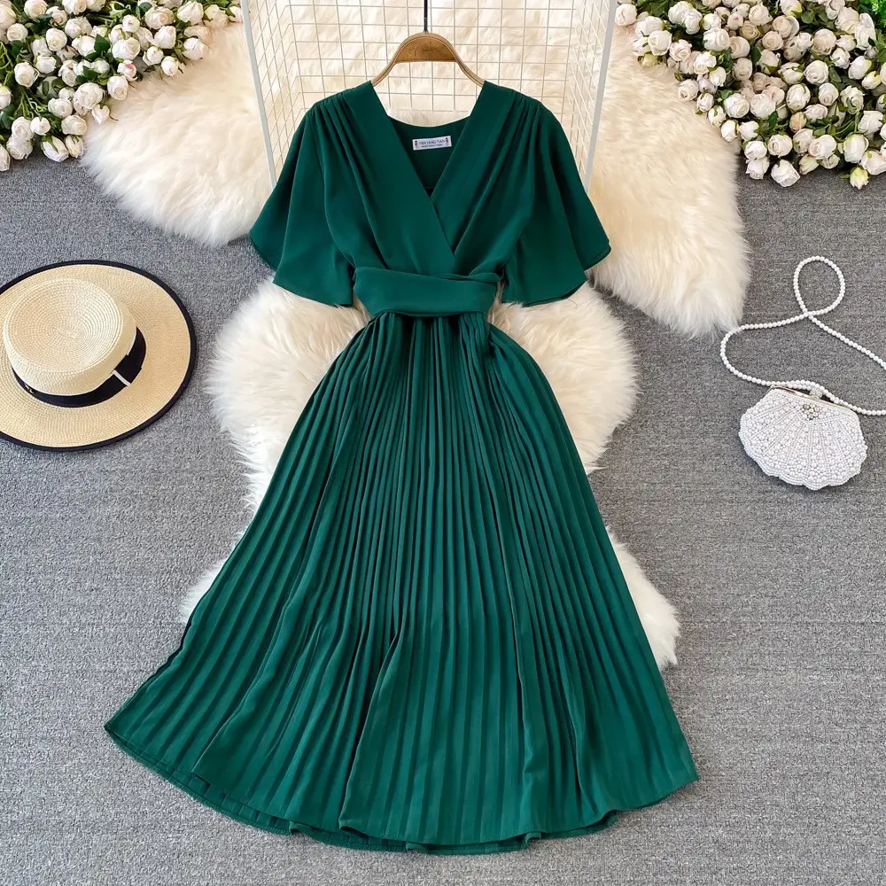 Women Puff Sleeve Dress Solid Color Bow Casual Fashion Summer High Waist Dress V-neck Midi A-line Black Dresses Ladies