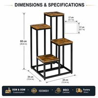 Rak Tanaman 4 Tingkat Modern, Rangka Besi Logam Hitam dan Bagian Atas MDF Motif Kayu, Rak Pot Bunga untuk Balkon, Beranda, Ruang Tamu