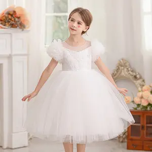 Meilleure vente Robe de soirée de mariage blanche à manches bulles avec fleur pour bébé fille Frocks Designs pour 3 ans