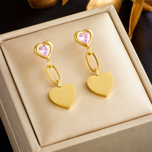 Heart-Shaped Drop <b>Earrings</b> Gold Plated Green Stone Bezel Setting Stainless Steel <b>Post</b> Gift Jewelry - Product Image 2