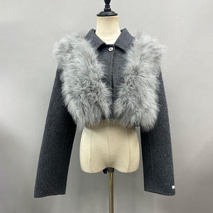 Chaqueta de Lana Corta para <span class=keywords><strong>Mujer</strong></span>, con Ribete de Piel de Zorro Extraíble, Abrigo de Lana para <span class=keywords><strong>Mujer</strong></span> - Product Image 2