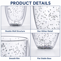 Vaso de Vidrio Reutilizable de Doble Pared con Aislamiento Térmico, Diseño de Estrellas Brillantes, 350 ml, Dorado y Plateado, para Fiestas en Casa, Bar, Café, Té, Cócteles, Regalo