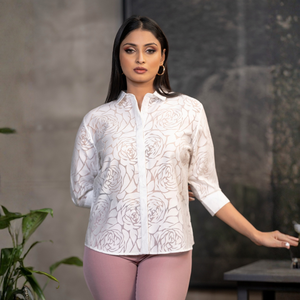Top de Jacquard Blanco de Lujo, Versátil, Casual y Premium, Bordado, Suave y Transpirable, para Mujer, Uso por Temporada - Product Image 5