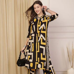 Kurta de algodón puro con cuello en V estampado geométrico negro y amarillo con Palazzos para mujer producto a granel ropa de mujer personalizada - Product Image 1