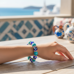 BLUE GLASS EVIL EYE AND TURQUOISE <b>BEADED</b> <b>BRACELET</b> FROM TURKEY NAZAR BONCUK - Product Image 3