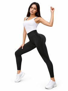 Leggings Yoga Neri a Vita Alta, Lunghezza Intera, Senza Cuciture, con Inserti in Rete, Elasticizzati in Quattro Direzioni - Product Image 1