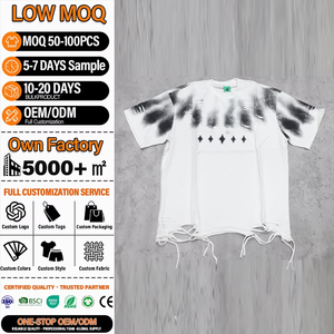 เสื้อยืดโอเวอร์ไซส์ผู้ชายลายโลโก้แบบกำหนดเอง ชายเสื้อฉีกขาด ทรงหลวม แขนสั้น สไตล์สตรีทแวร์ - Product Image 1