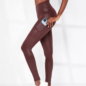 wholesale stock no MOQ new shinny women high waist yoga pants fitness leggings with side pockets